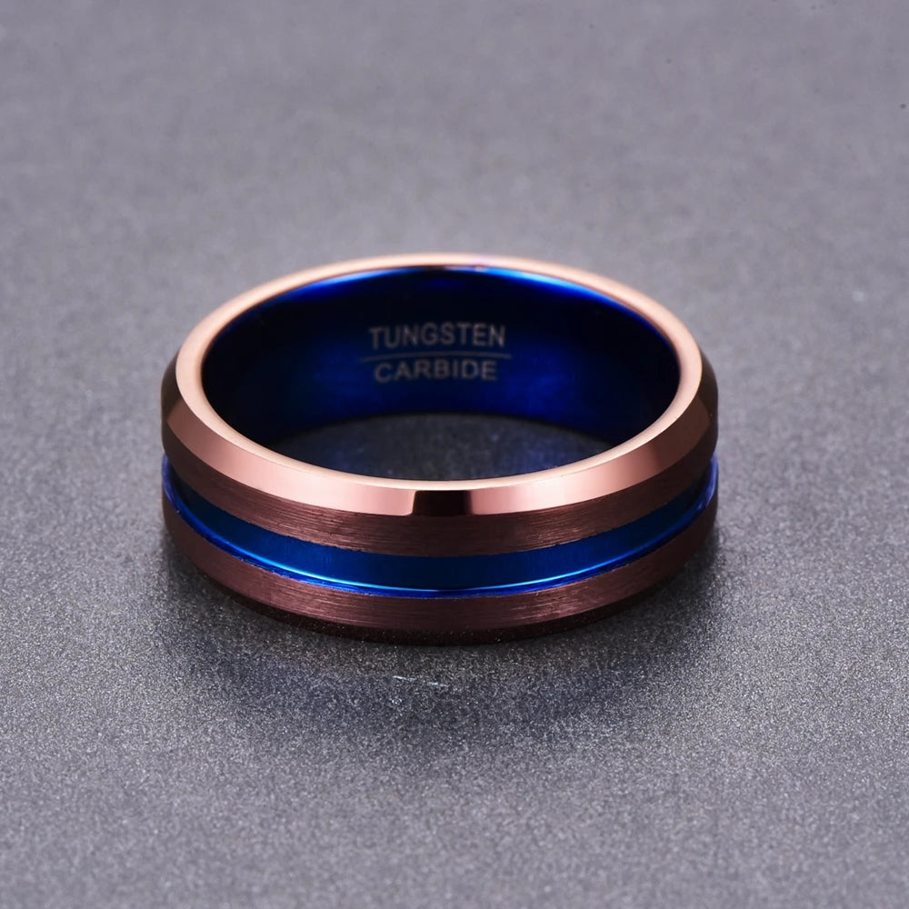 Men's 8mm bronze and blue Tungsten ring with beveled edges, side view