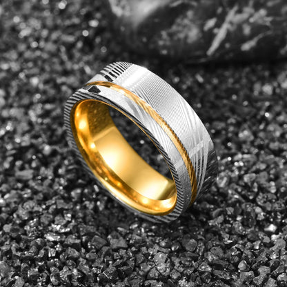 Men's Damascus steel Tungsten ring with gold accent and comfort fit design