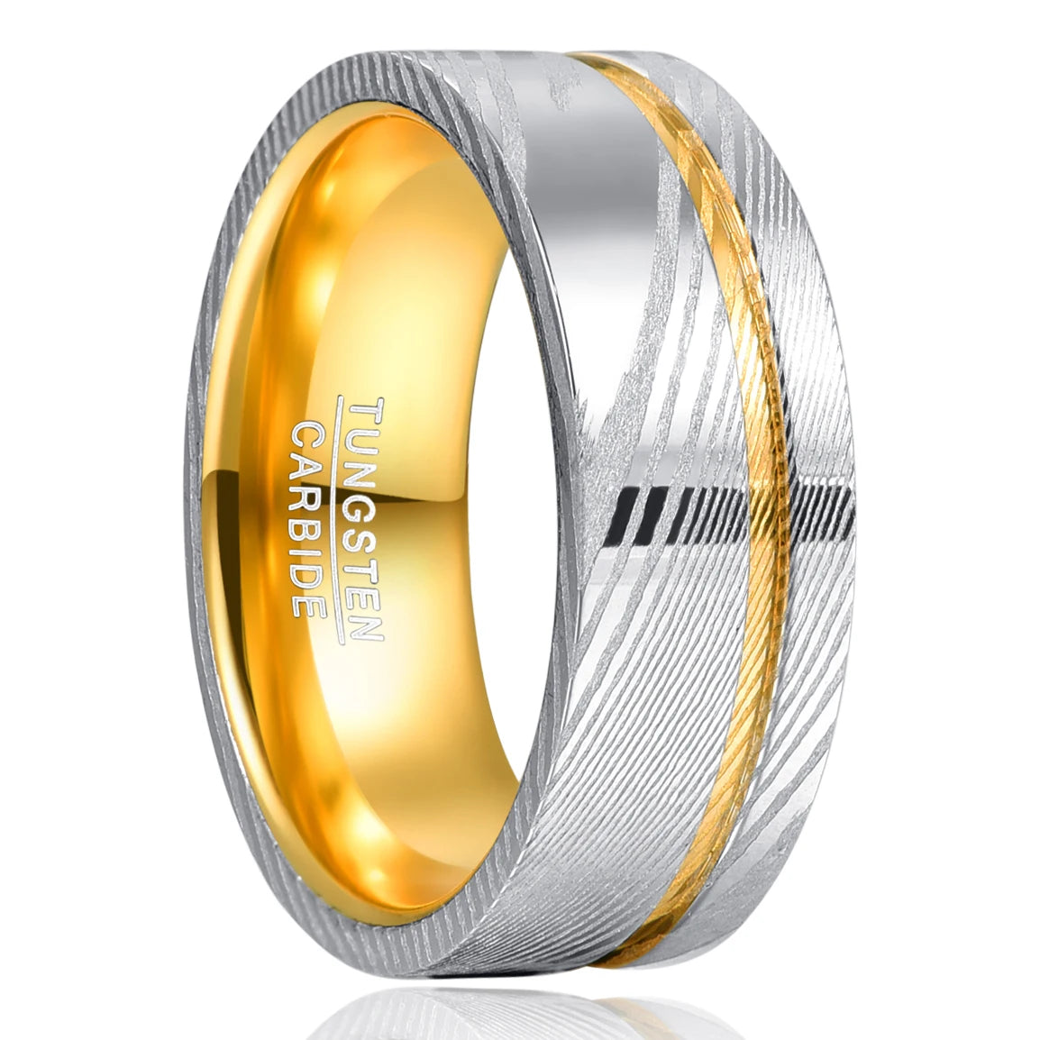 Men's 8mm Damascus steel and gold Tungsten ring with comfort fit design