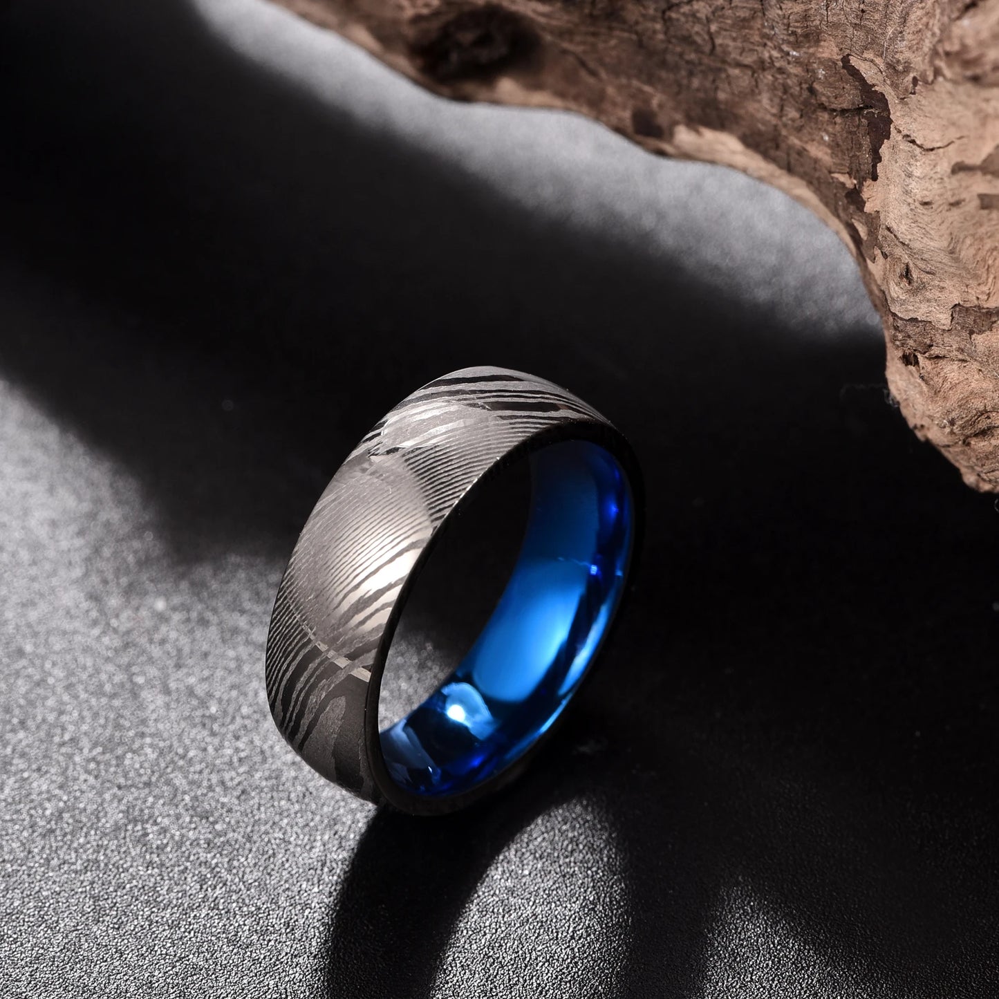 Men's 8mm Damascus steel and blue Tungsten ring with domed band