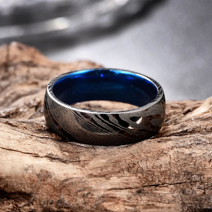 Men's Damascus steel and blue Tungsten ring with domed profile and comfort fit