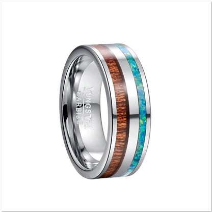 Men's koa wood rings in a silver Tungsten band inlaid with opal and koa wood.