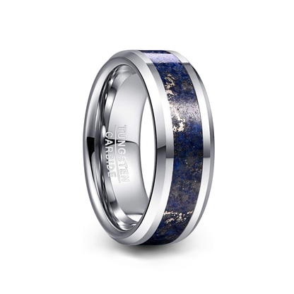 Mens Lapis ring with silver Tungsten and a natural Lapis Lazuli inlay.