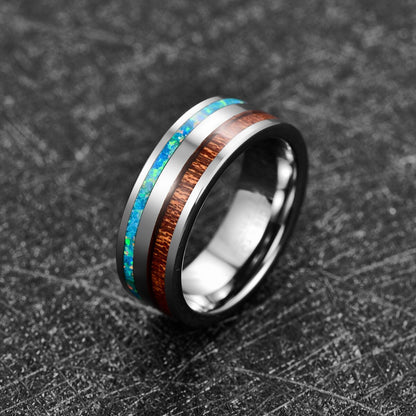 Men's opal ring with a comfort fit design in an 8mm Tungsten flat band.