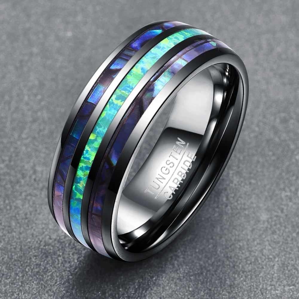 Mens opal rings featuring blue-green fire opal in an 8mm silver Tungsten band.