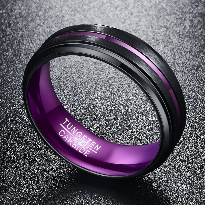 Men's 8mm purple and black Tungsten ring with purple stripe and stepped edges