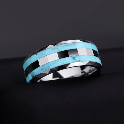 Mens ring with turquoise inlay, featuring comfort fit and faceted edges.