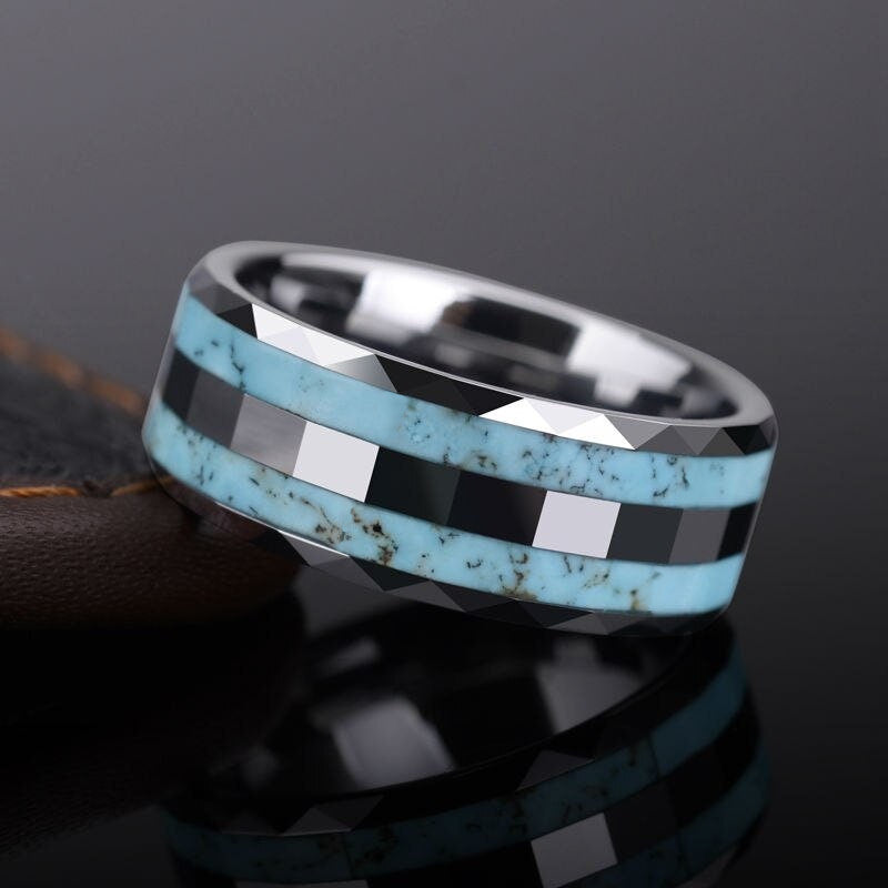 Mens ring with turquoise featuring a comfort fit design and faceted edges.