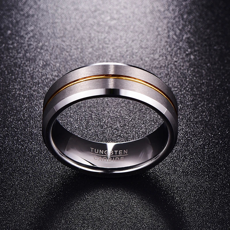 Men's silver and gold Tungsten ring with beveled edges, side view