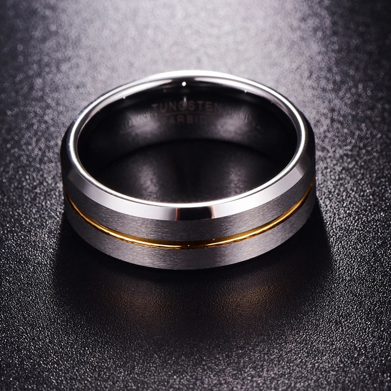 Men's silver and gold Tungsten ring with beveled edges, top view