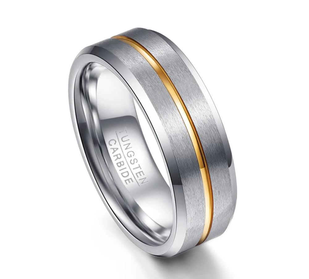 Men's 8mm silver and gold Tungsten ring with beveled edges and comfort fit design