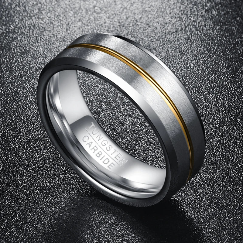 Men's 8mm silver and gold Tungsten ring with beveled edges and gold accent stripe