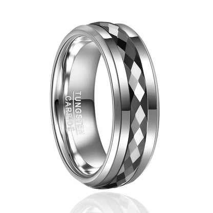 Men's tungsten spinner ring with silver and black faceted design, 8mm width.