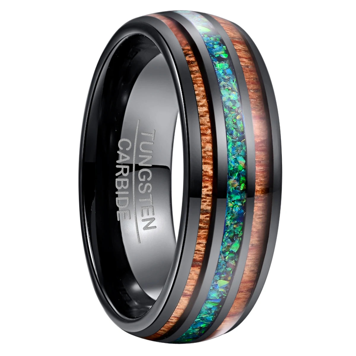 Men's tungsten ring with acacia wood and green opal inlay, front view.