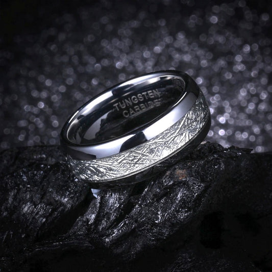 Mens Tungsten wedding band featuring a genuine Gibeon meteorite inlay.