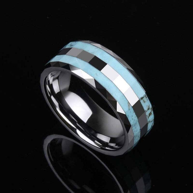 Mens turquoise ring with gemstone inlay and 8mm Tungsten band.