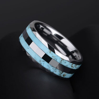 Mens turquoise ring with genuine turquoise inlay and faceted silver Tungsten band.