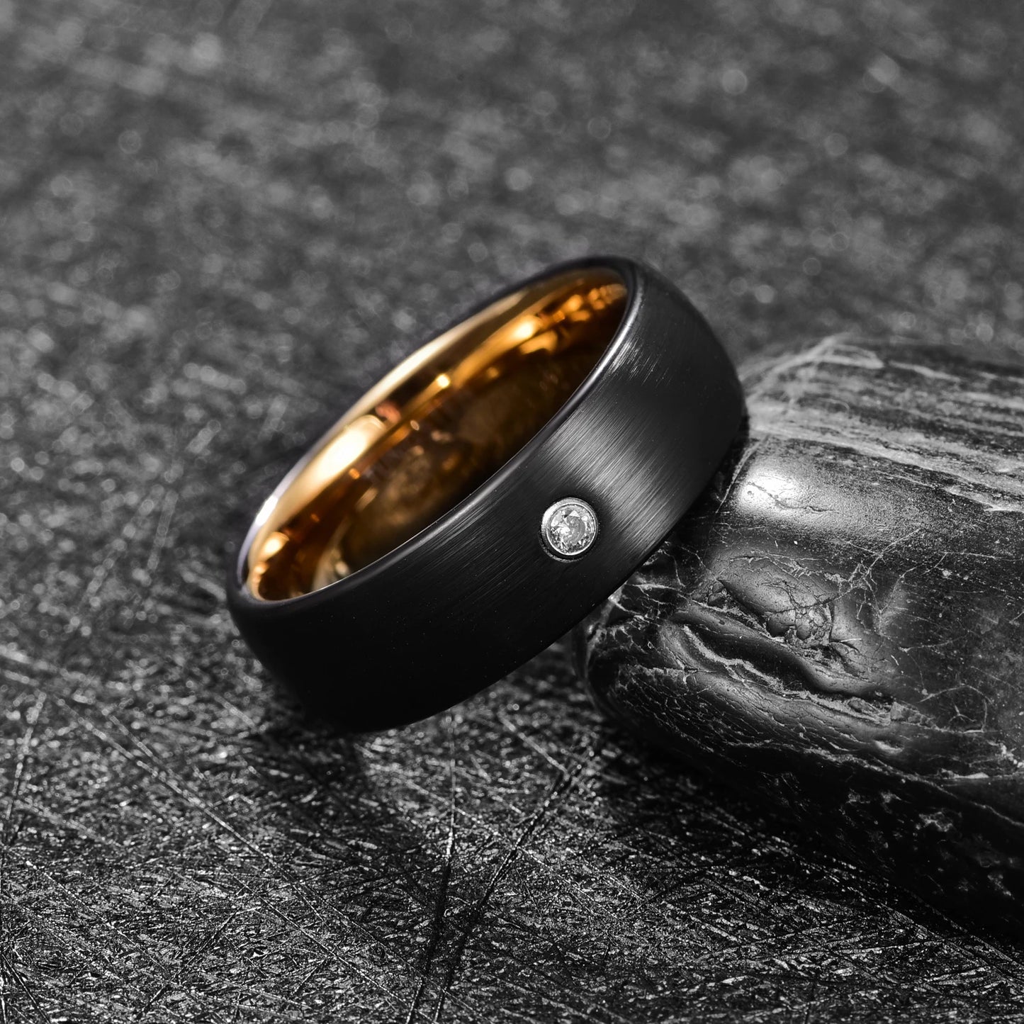 Mens CZ diamond rings, crafted from black and gold Tungsten.