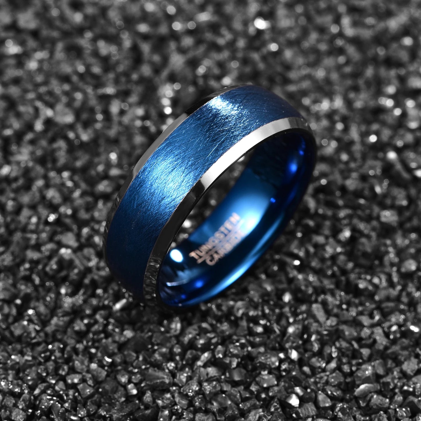 Mens wedding bands blue, crafted from premium blue Tungsten.