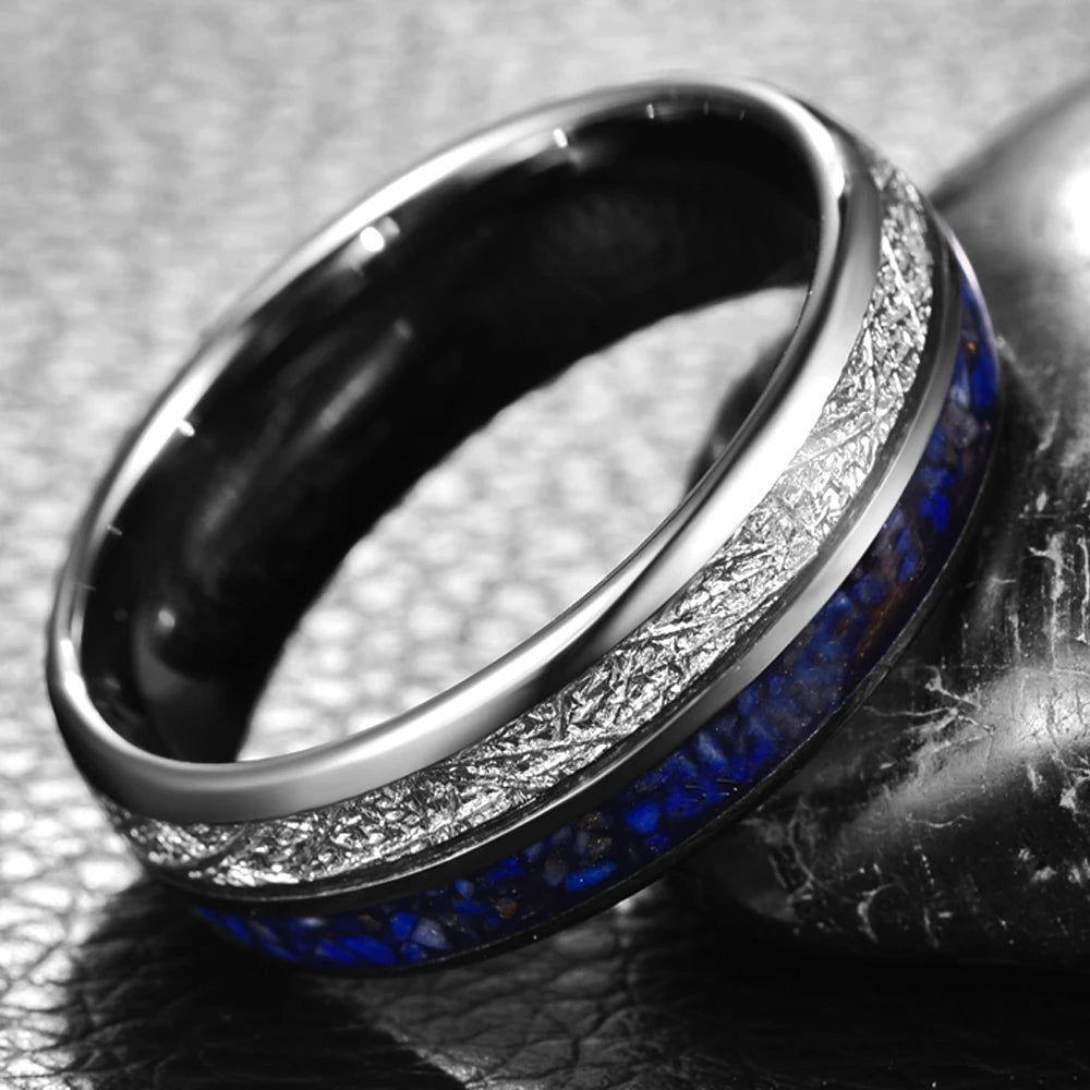 Domed silver Tungsten ring with meteorite and lapis lazuli inlay, 8mm comfort-fit design