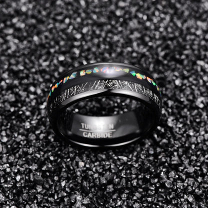 Meteorite men's wedding ring crafted with black Tungsten, inlaid with meteorite and opal.