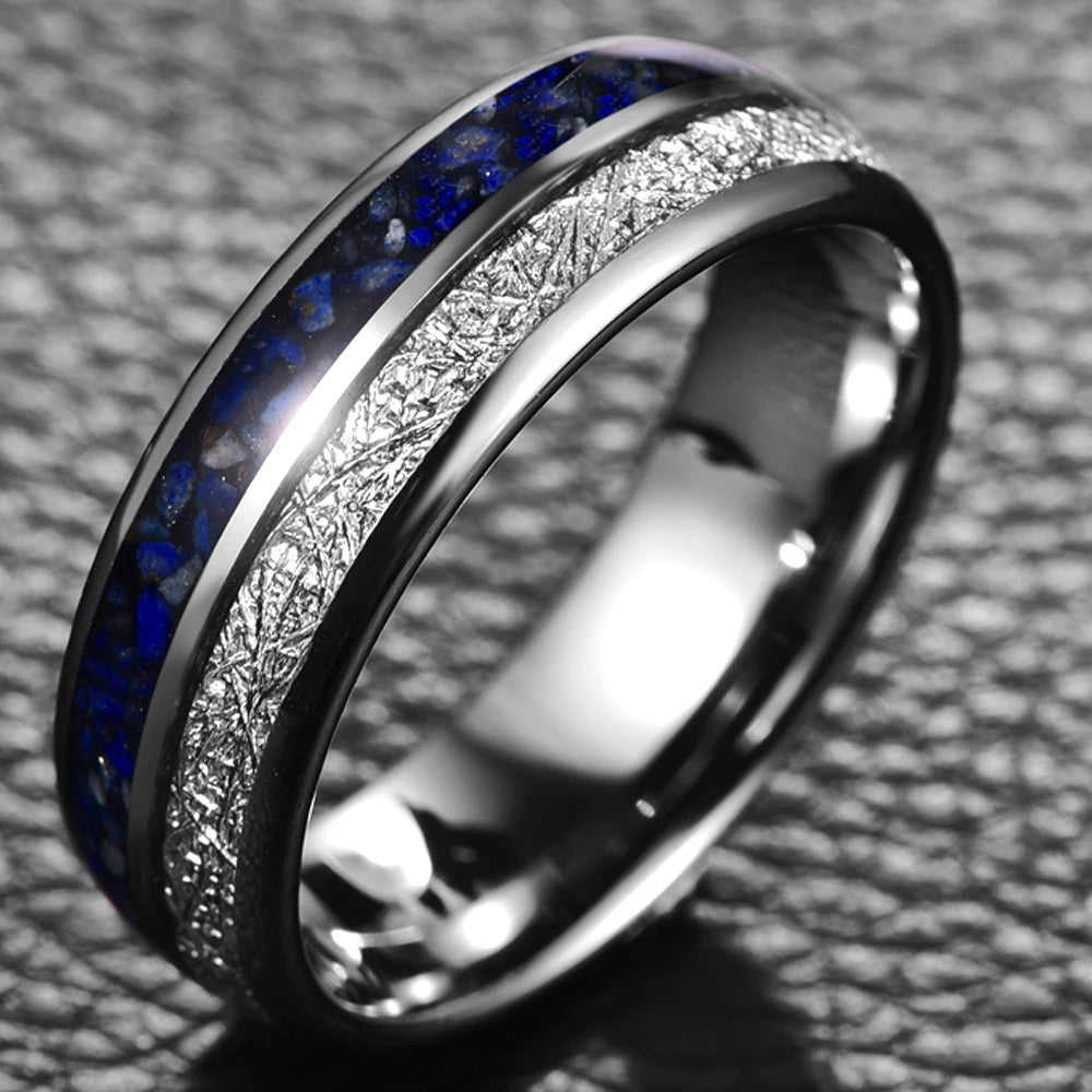 Meteorite wedding band men can wear to connect with the cosmos, featuring a Gibeon meteorite inlay.