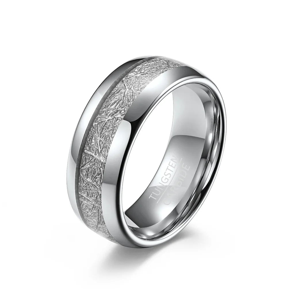 Meteorite wedding band set, crafted from silver Tungsten.