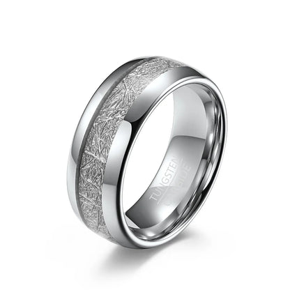 Meteorite wedding band set, crafted from silver Tungsten.