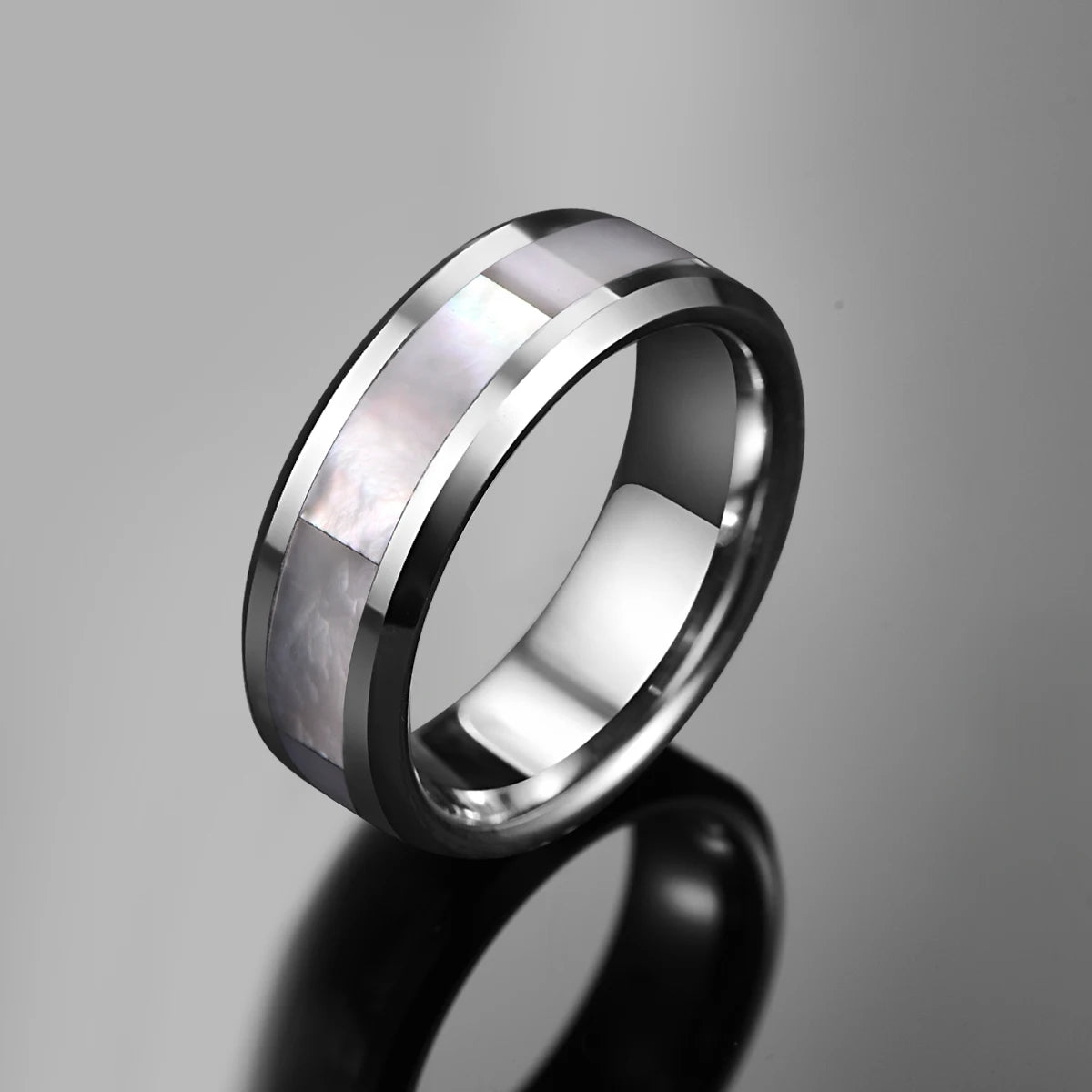 Mother of pearl ring, crafted from silver Tungsten.