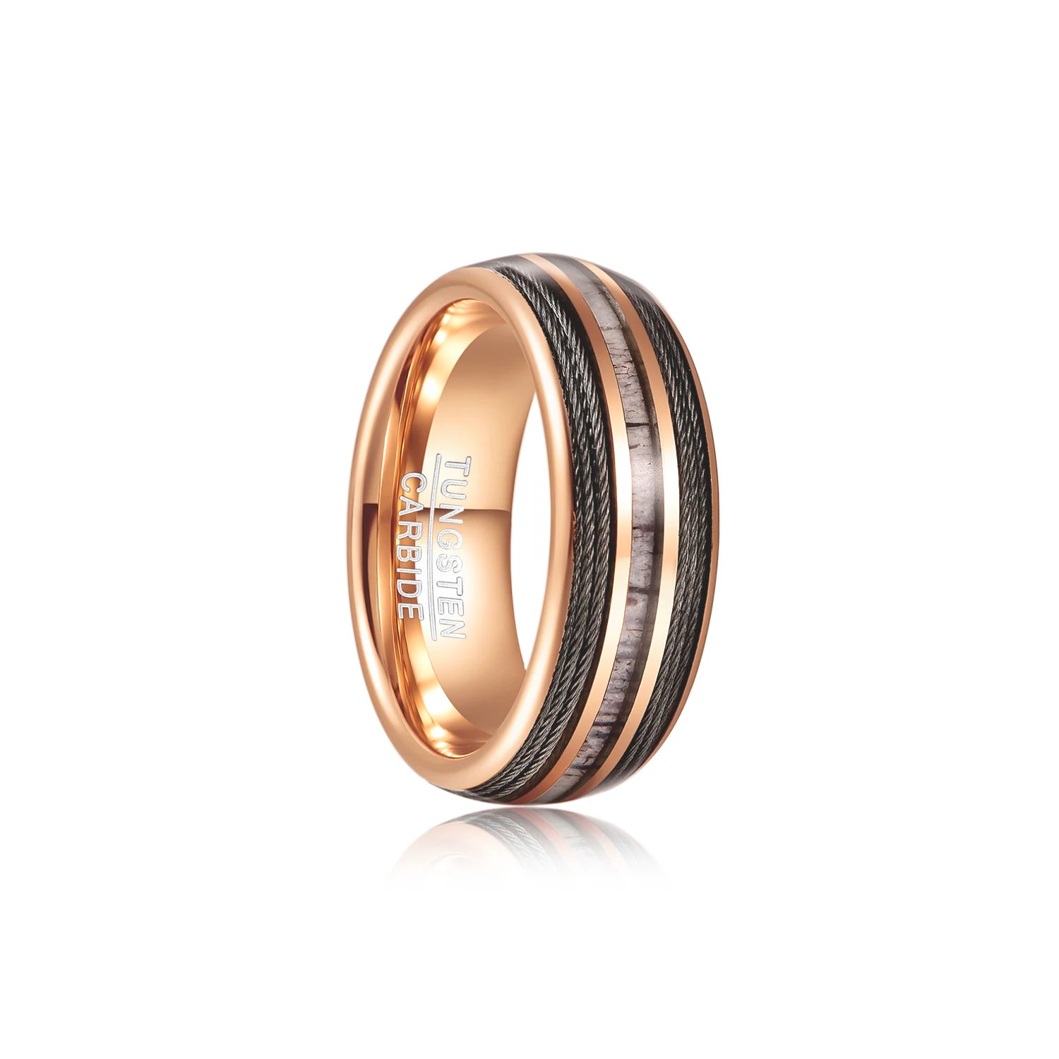 Music wedding rings featuring a domed rose gold Tungsten band with guitar strings and deer antler.