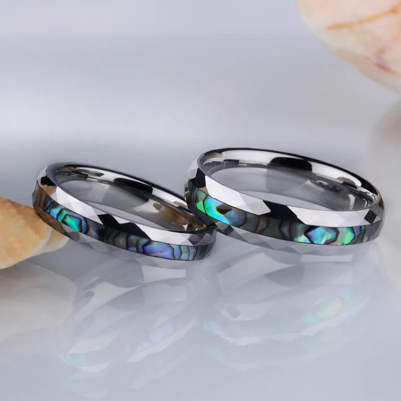 Nature engagement rings inlaid with natural abalone shell in silver Tungsten.