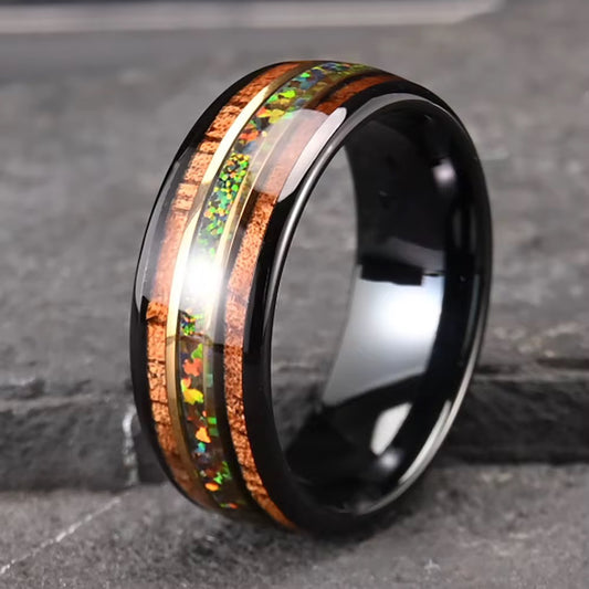 Opal ring featuring rare black opal and sandalwood inlays.