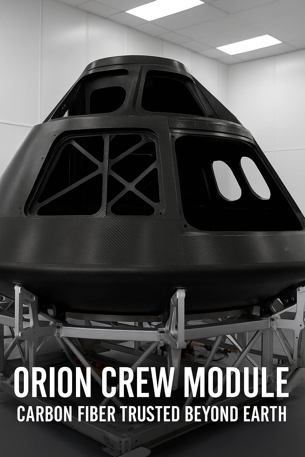 Orion crew module, showing carbon fiber hull designed for space travel.