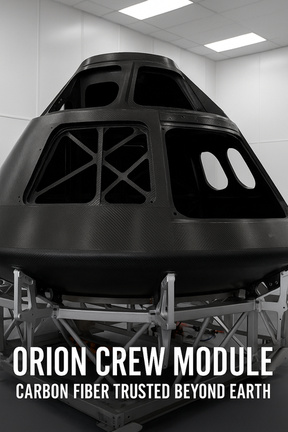 Orion crew module, showing carbon fiber hull designed for space travel.
