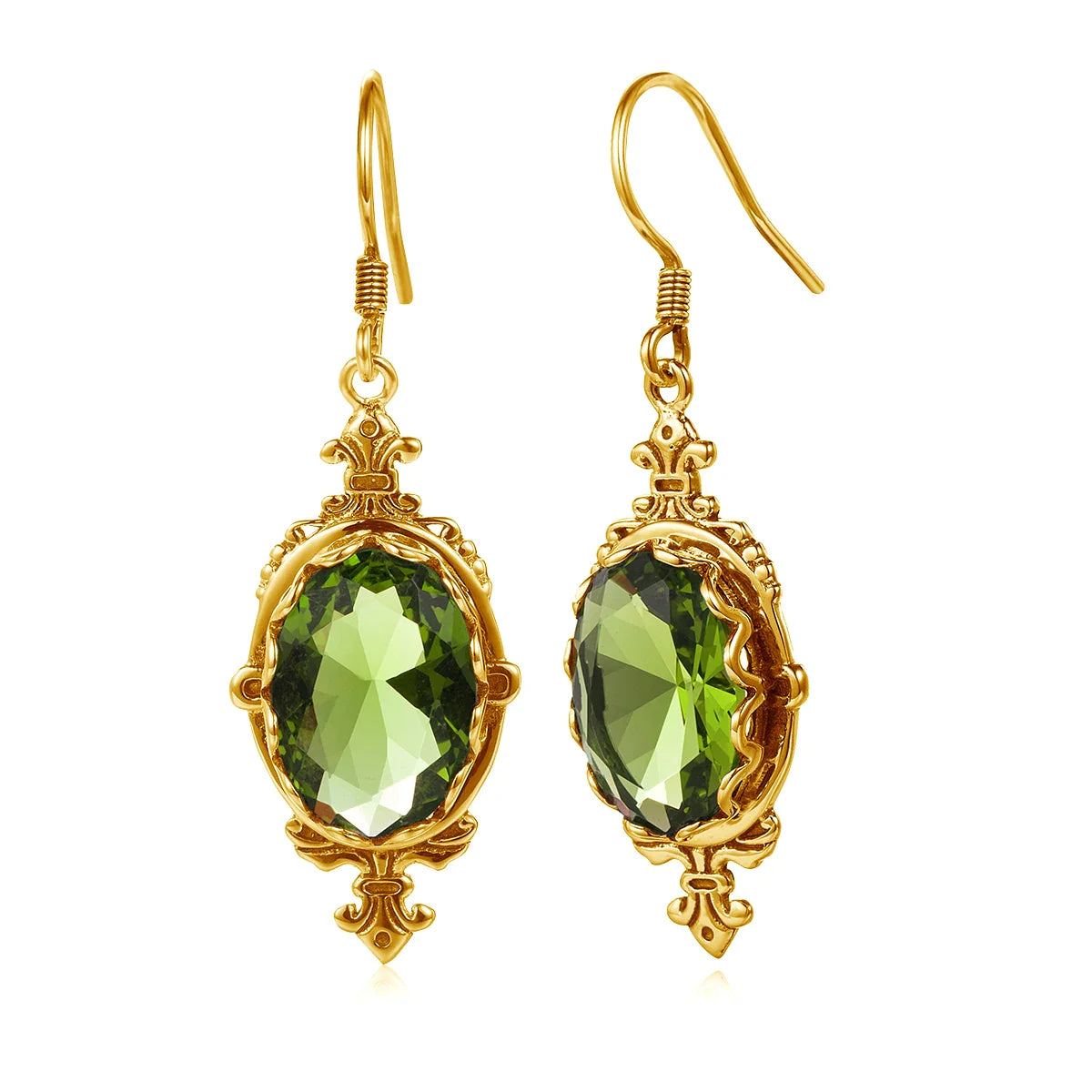 Peridot and gold earrings, featuring faceted oval green gemstones in ornate vintage-inspired settings.