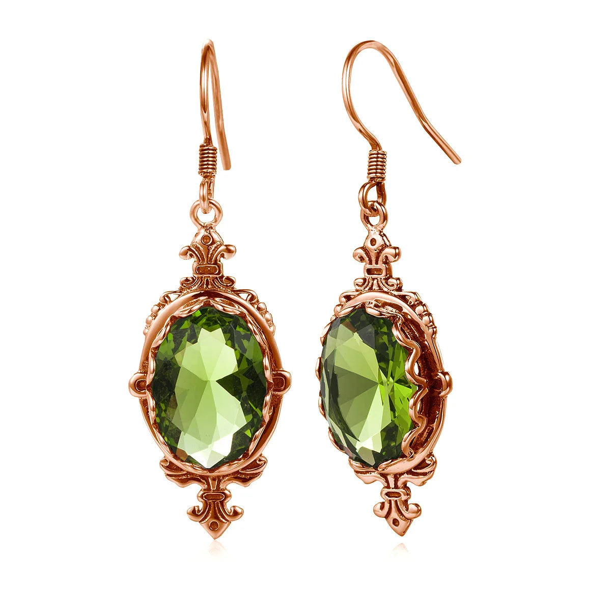 Peridot rose gold earrings with vivid natural gemstones, vintage-inspired detailing, and hook fittings.