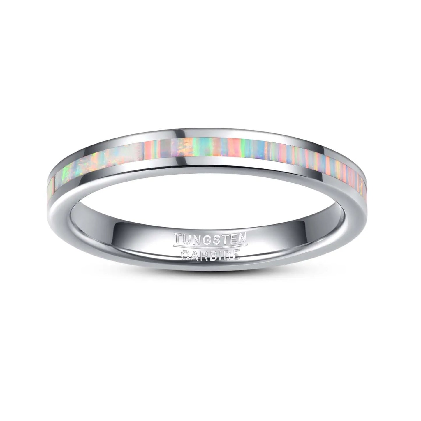 Polished 3mm Tungsten wedding band with white fire opal inlay