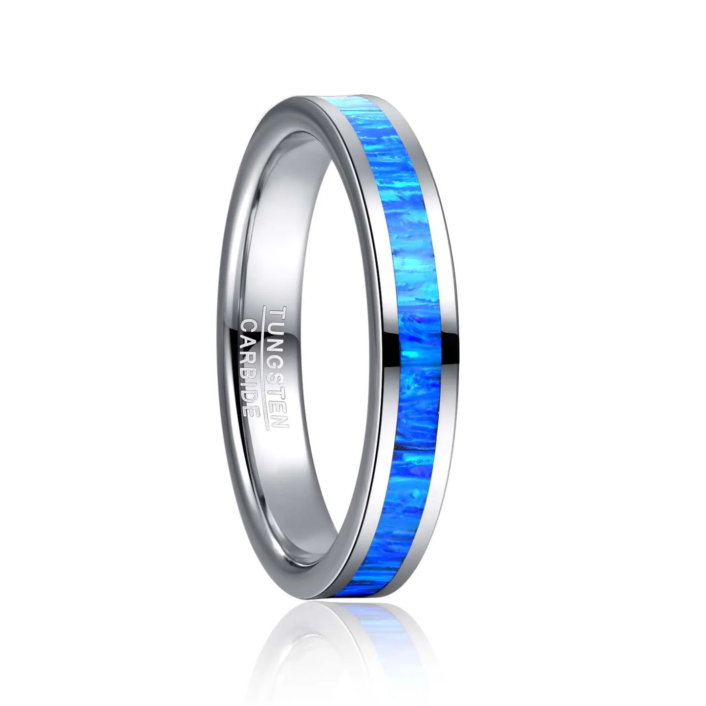 Polished 4mm Tungsten wedding band with blue opal inlay