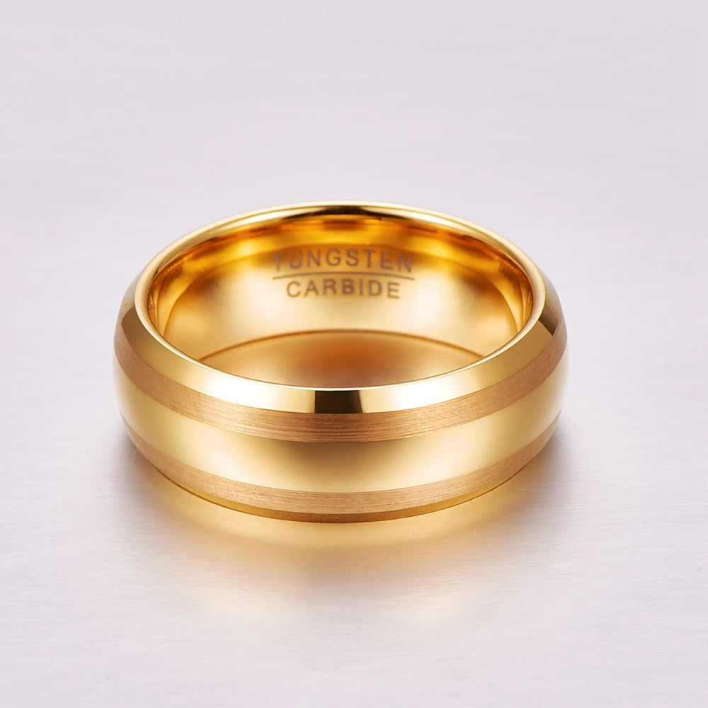 Polished gold Tungsten carbide men's band with brushed lines 8mm