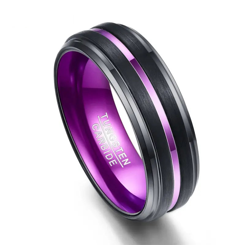 Purple rings featuring a black Tungsten exterior and bold purple stripe.