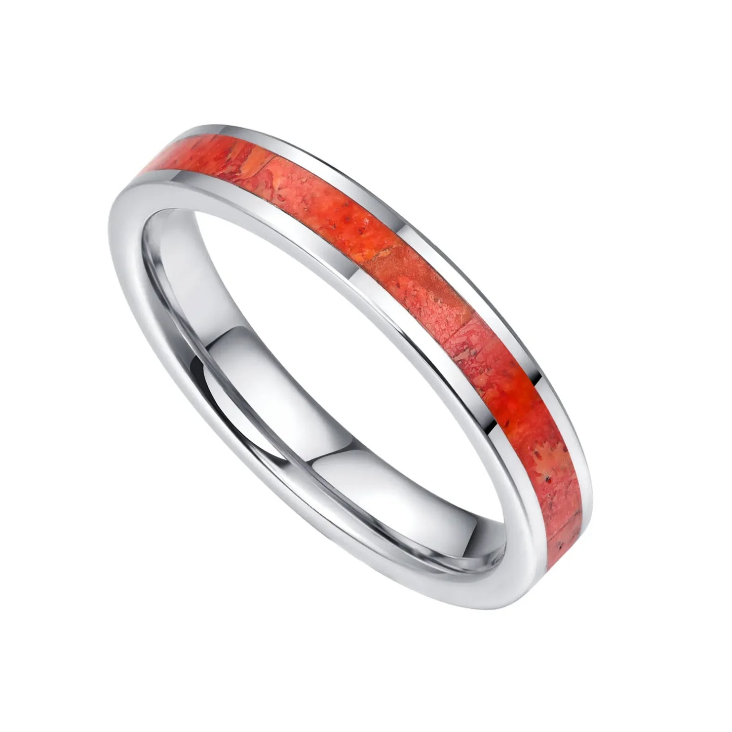 Women’s 4mm silver tungsten ring with a natural red agate inlay, embracing the elemental beauty of the earth in a sleek flat band design.