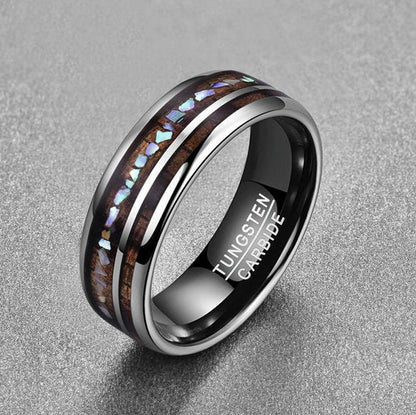 Ring abalone with silver Tungsten band in an 8mm width with a comfort fit design.