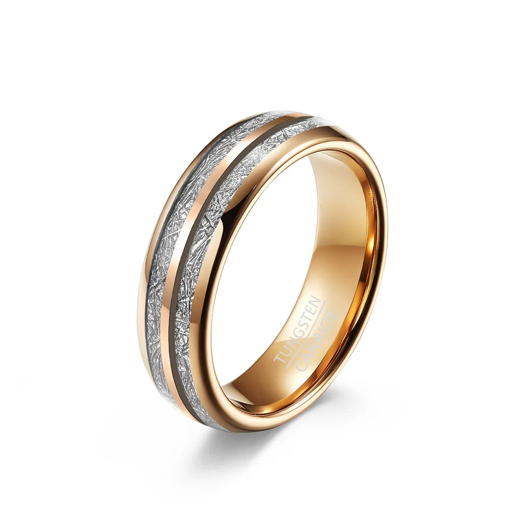 6mm Rose Gold Tungsten ring featuring double meteorite inlay