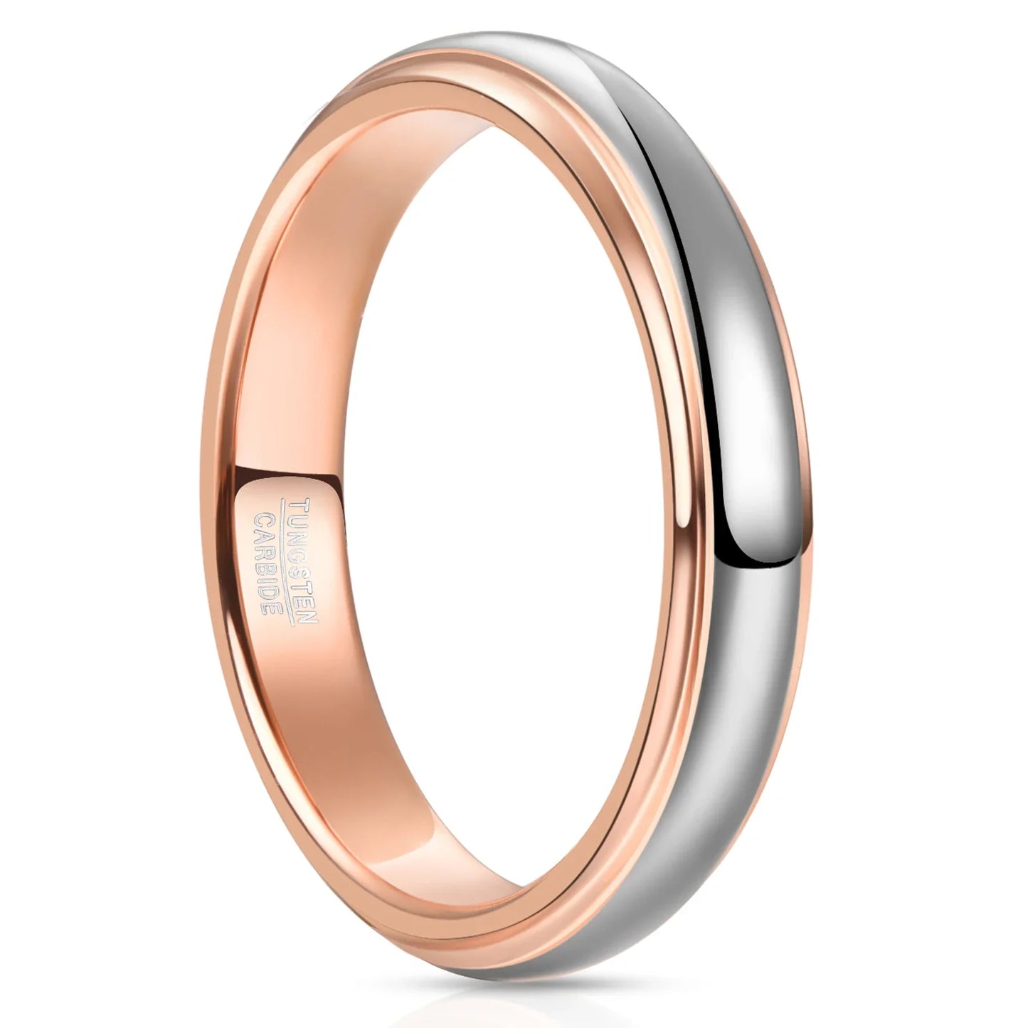 4mm women’s dual-tone wedding band in rose gold tungsten and silver tungsten, with a high-polish domed band and subtle stepped edges.