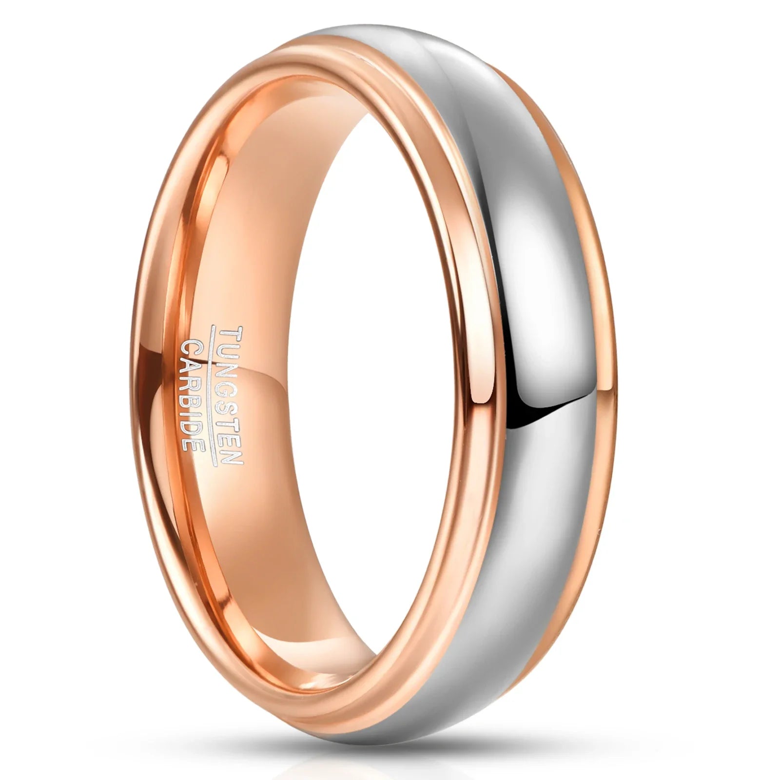 6mm unisex dual-tone wedding band crafted with rose gold tungsten and silver tungsten, featuring a polished domed design with stepped edges.