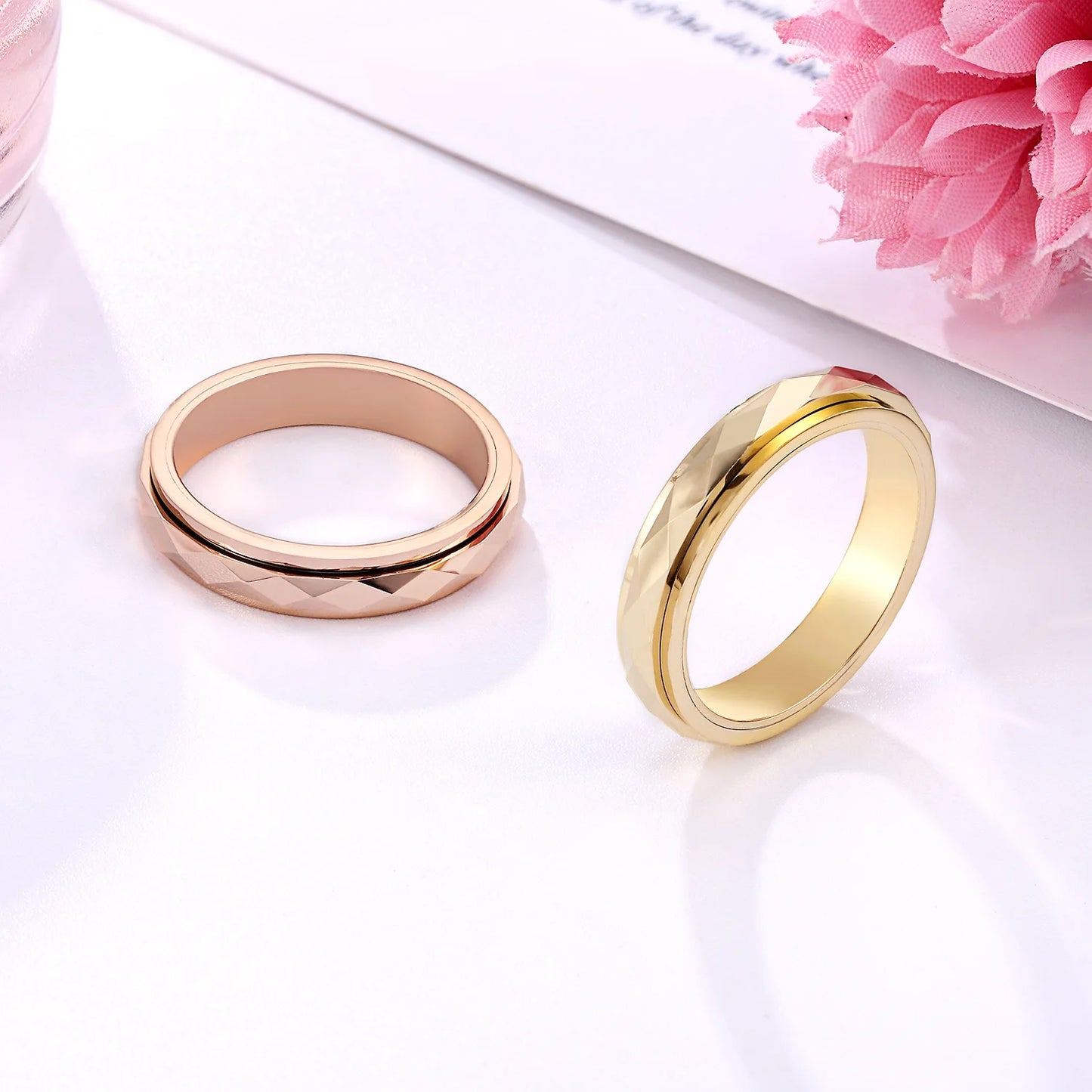 5mm rose gold and yellow gold tungsten faceted spinner rings