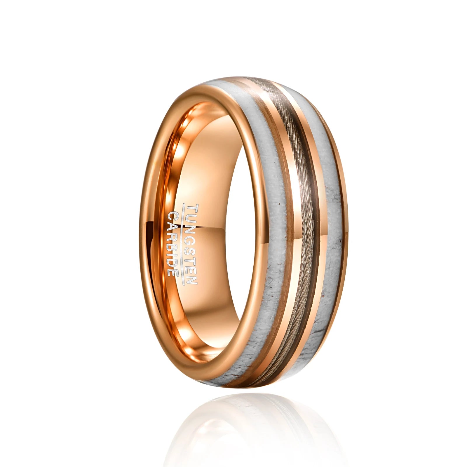 Rose gold guitar string band with an 8mm Tungsten band, genuine deer antler, and music-inspired inlay.