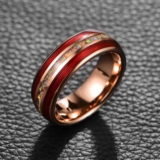 8mm rose gold Tungsten men’s ring with red guitar string and white fire opal inlay on black surface