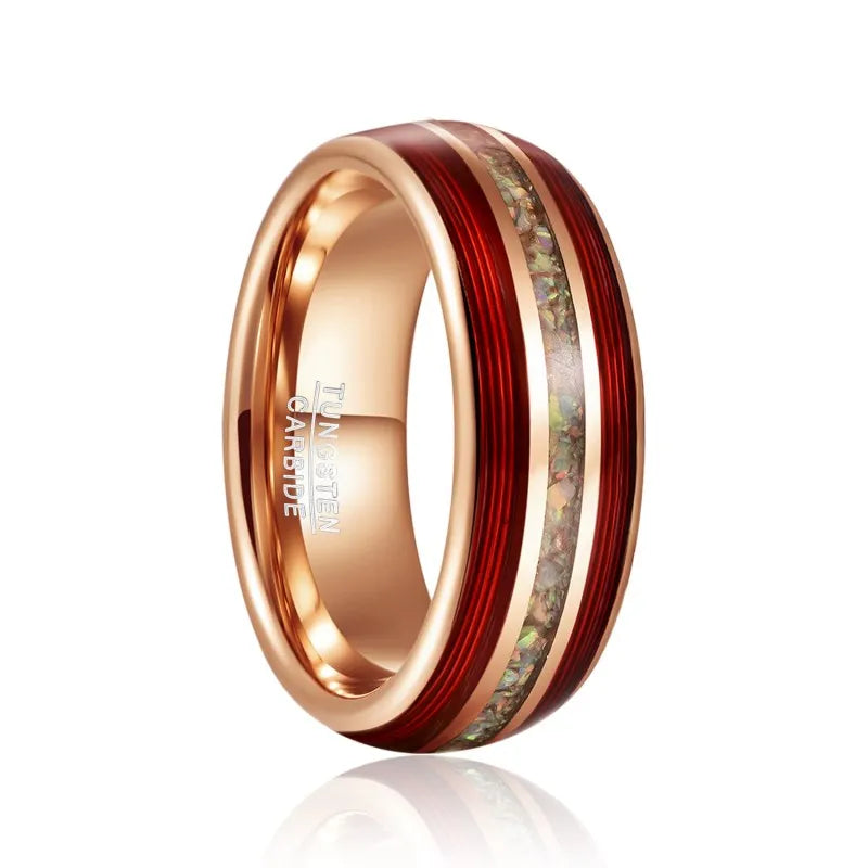 8mm rose gold Tungsten men’s ring with red guitar string and white fire opal inlay