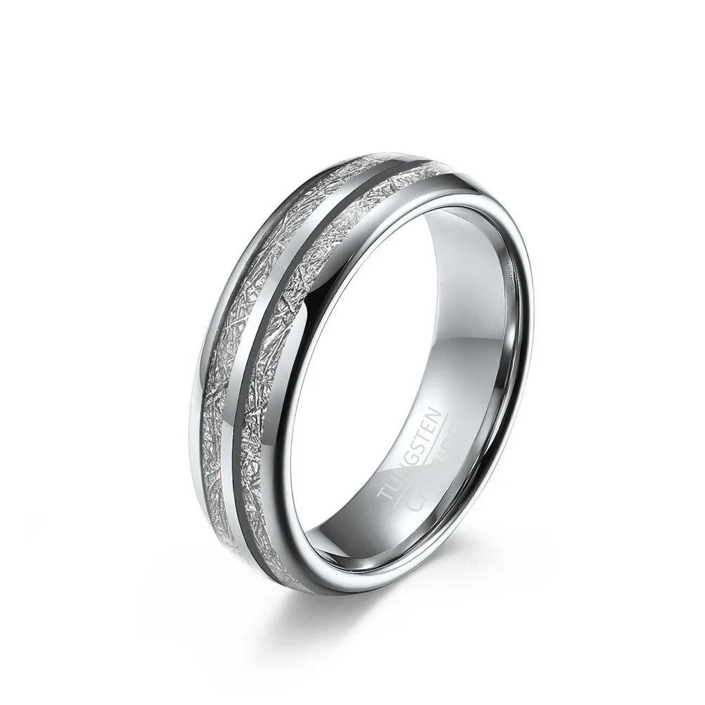 6mm Silver Tungsten ring with double meteorite inlay